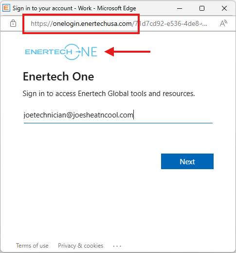 EnertechOne Login Screen showing URL https://onelogin.enertechusa.com